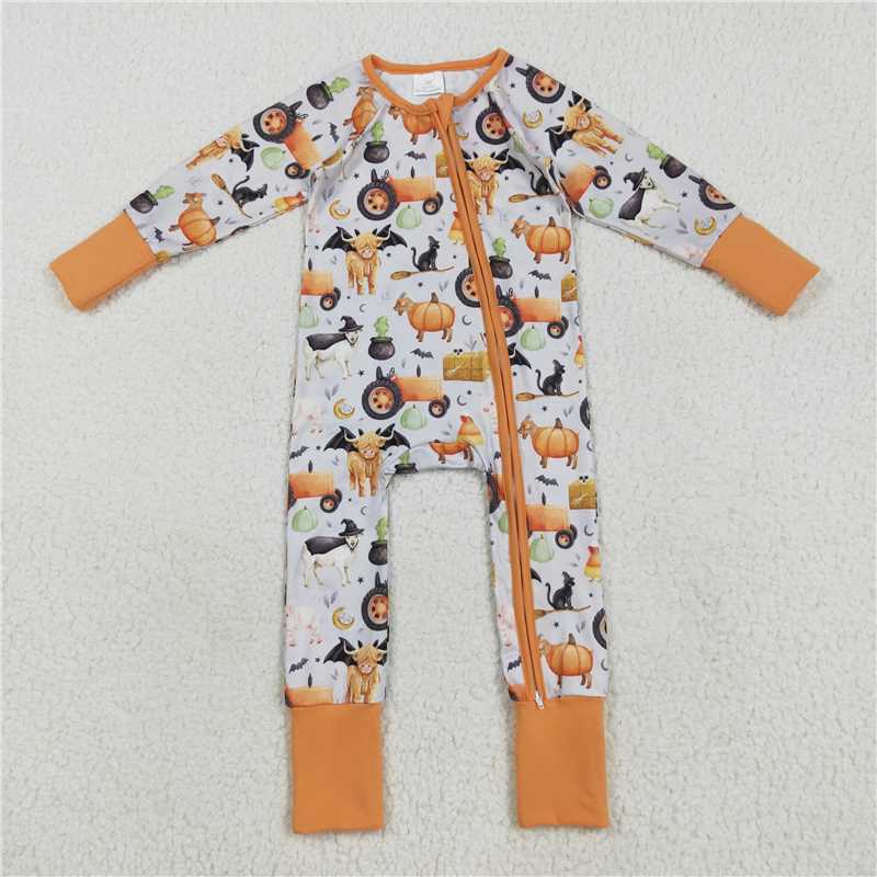 8.8 LR2444 Halloween Farm Animal Tractor Orange and Gray Zippered Long-Sleeved Bodysuit