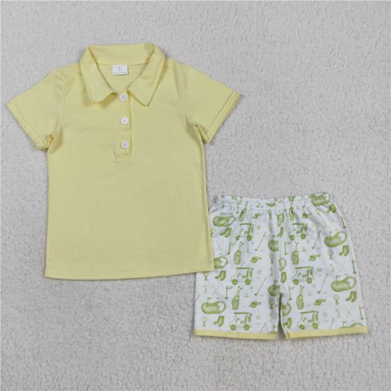 X8.18 BSSO1546 Solid yellow button-down short-sleeved golf shorts set