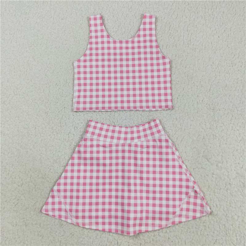 X8.18 GSD2786 Pink and white plaid sleeveless culottes yoga set