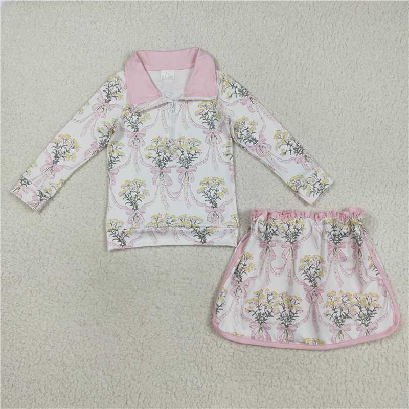 X8.16 GLD1078 Pink and white zippered long-sleeved skirt set with floral bouquet and bow pattern