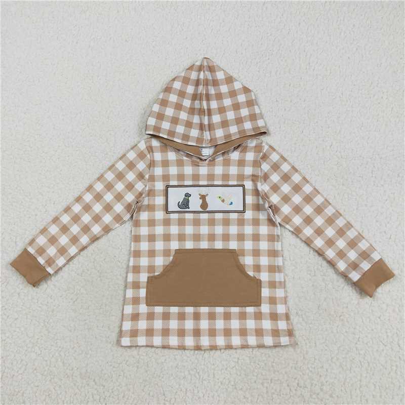 X830 BT1285 Embroidered puppy, elk, and duck brown plaid pocket polka dot hooded long-sleeved top