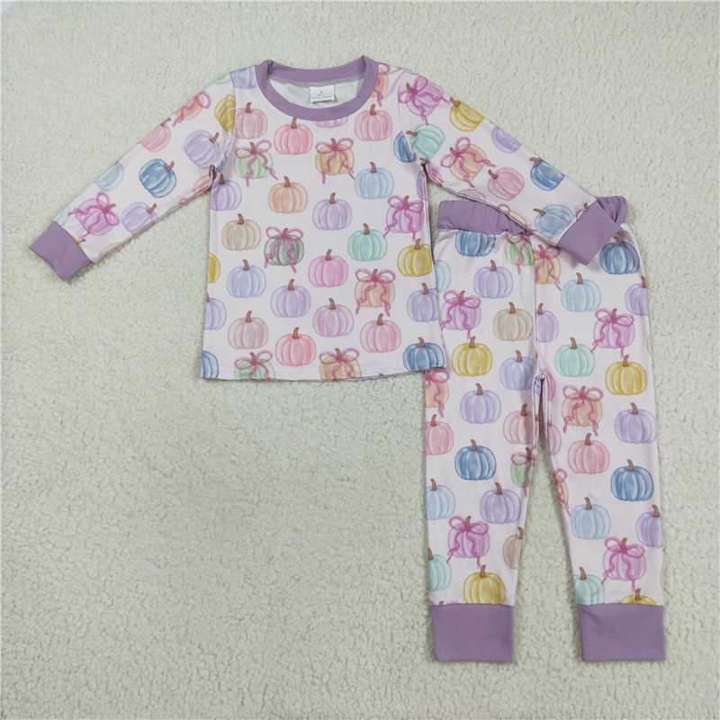 X829 GLP2597 Pumpkin pink and purple long-sleeved pajama set with a bow pattern