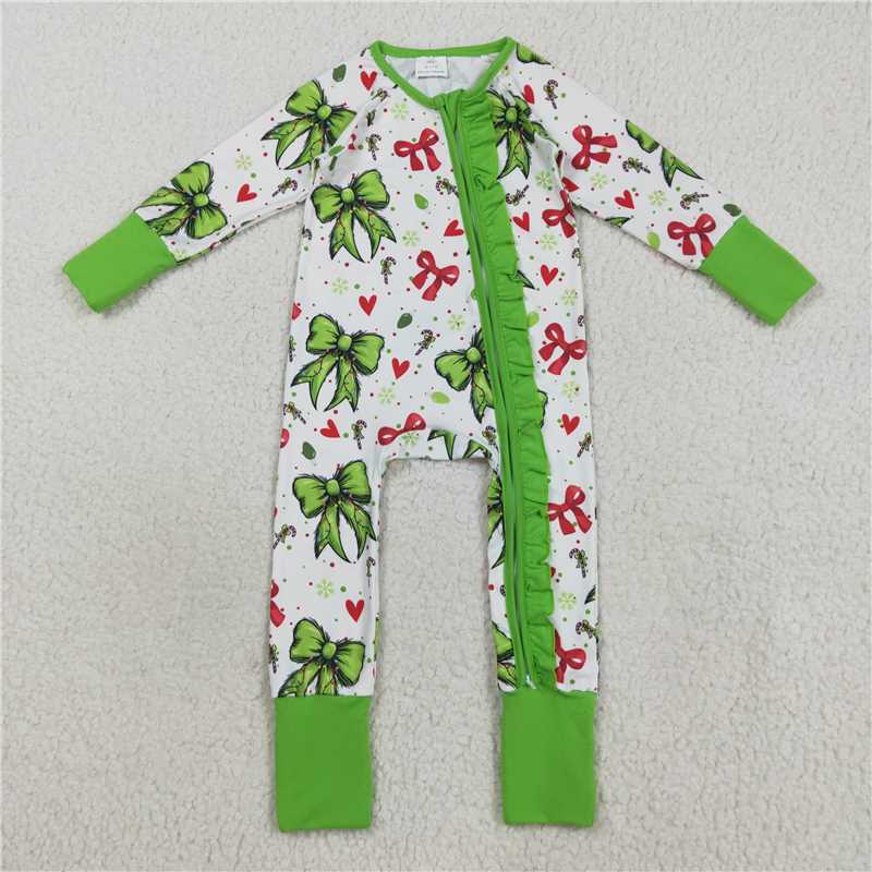 X8.16 LR2482 White zippered long-sleeved bodysuit with a Christmas heart pattern in red and green with a bow