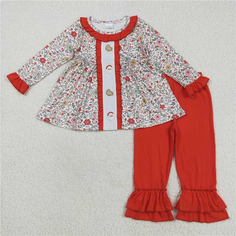 X8.18 GLP2365 Embroidered Cookie Santa Claus with flowers and leaves and red lace long-sleeved pants set