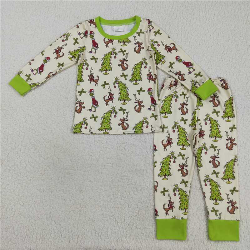 X8.18 GLP2627 Grinch Christmas Tree Puppy Green Bow Pattern Long-Sleeved Pants Pajama Set