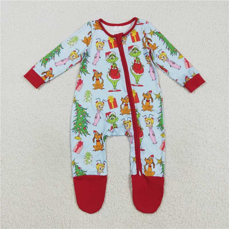 X830 LR2478 Grinch Boys' Puppy Christmas Tree Blue Zippered Long-Sleeved Bodysuit