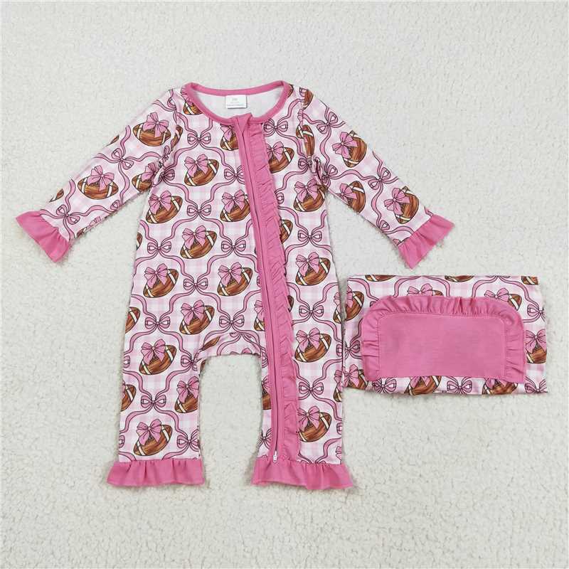 X829 LR2361 Pink lace plaid zip-up long-sleeved bodysuit with a rugby bow pattern