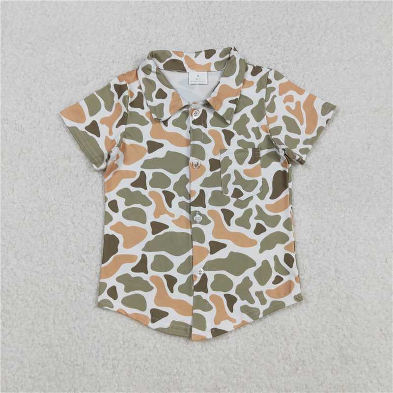 X10.11 BT1345 Carnival green, yellow, and purple camouflage button-down short-sleeved top
