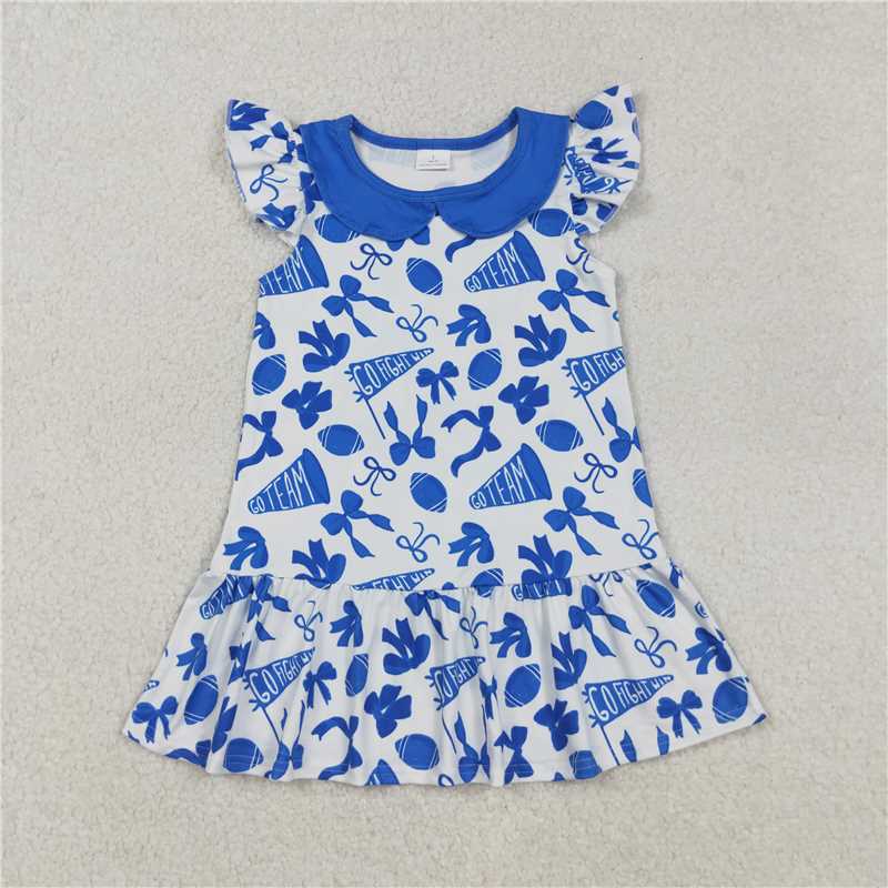 X915 GSD2782 Blue dress with football flared bow pattern and flying sleeves
