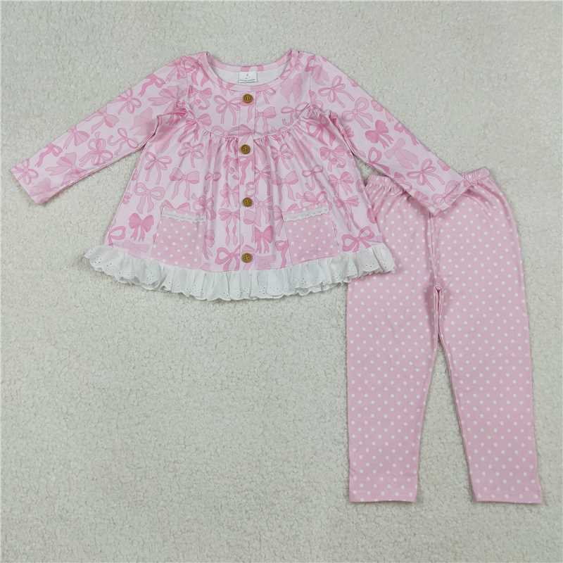 X106 GLP2723 Pink long-sleeved trouser suit with bow-pattern lace and polka dot pockets