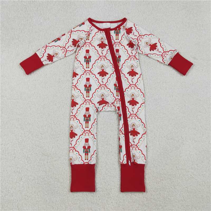 X107 LR2633 Pink plaid zip-up long-sleeved bodysuit with Nutcracker bow pattern