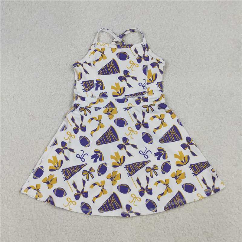 X106 GSD2781 Football flared yellow and purple bow pattern yoga sleeveless dress