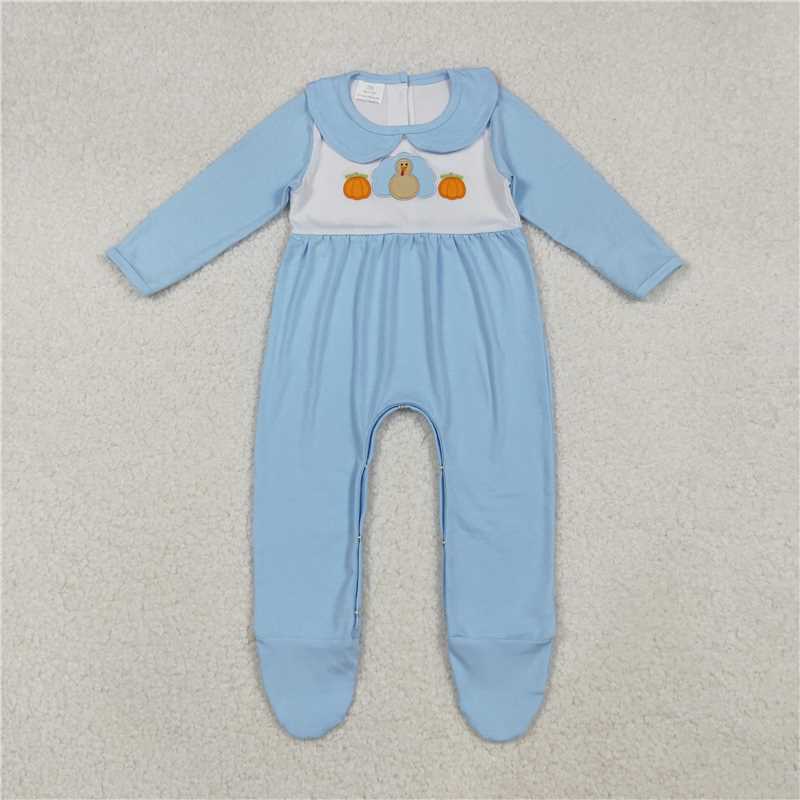 X108 LR2562 Embroidered Pumpkin Turkey Blue Long-Sleeved Bodysuit