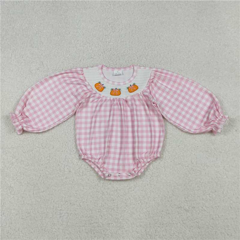 X108 LR2181 Smocked embroidered bow pumpkin pink plaid long-sleeved bodysuit
