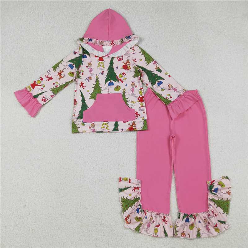 X109 GLP2709 Grinch Christmas Tree Rose Red Pocket Hooded Long-Sleeved Pants Set