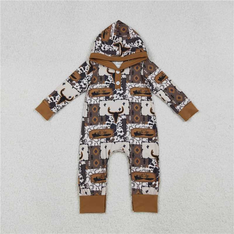 X10.13 LR2592 Hooded long-sleeved bodysuit with geometric button-down design featuring a mountain bull head