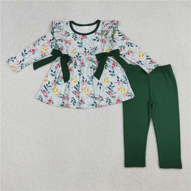 X106 GLP2476 Leaf Green Bow Lace Long-Sleeved Pants Set