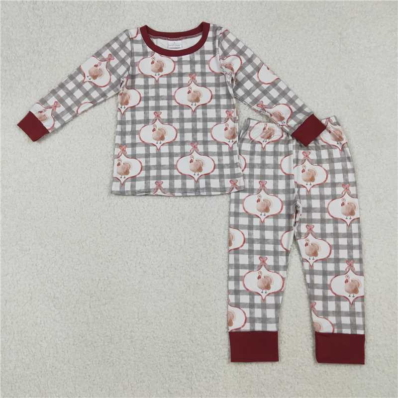 X106 GLP2885 Bow Tie Pattern Turkey Plaid Long Sleeve Pants Pajama Set