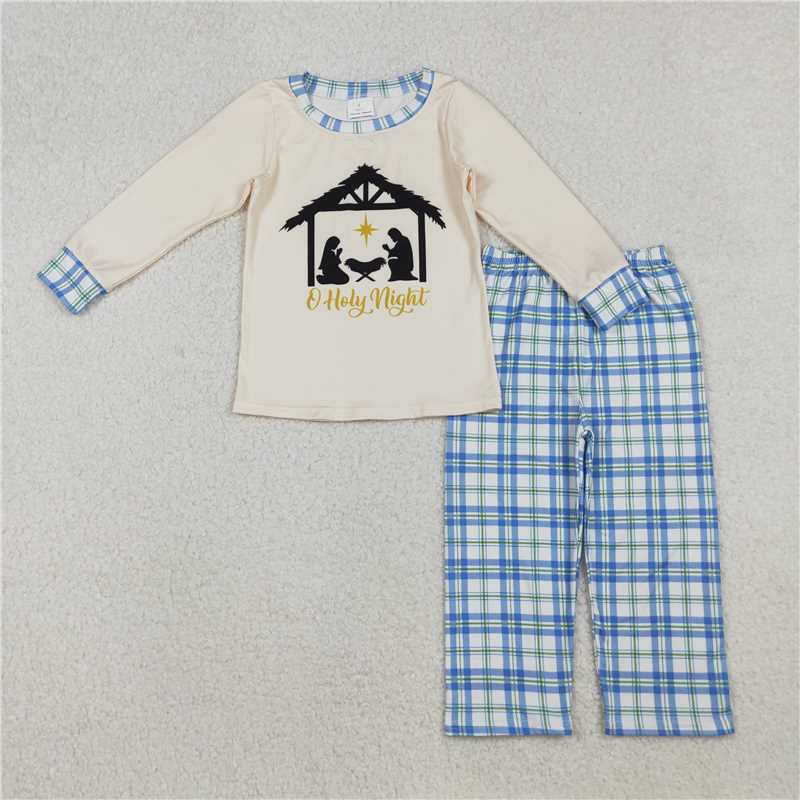 X10.11 BLP1100 Holy Night Jesus Beige Long-Sleeve Blue Plaid Pants Set