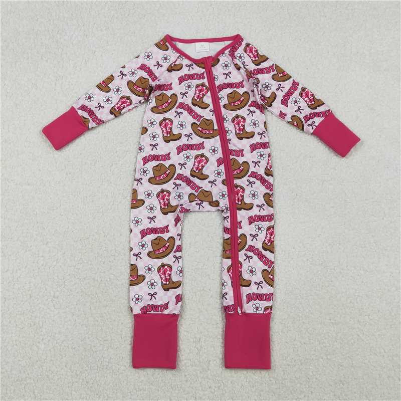 X11.6 LR2516 Howdy Cowboy Hat Boots Floral Pink Plaid Zipper Long-Sleeved Jumpsuit