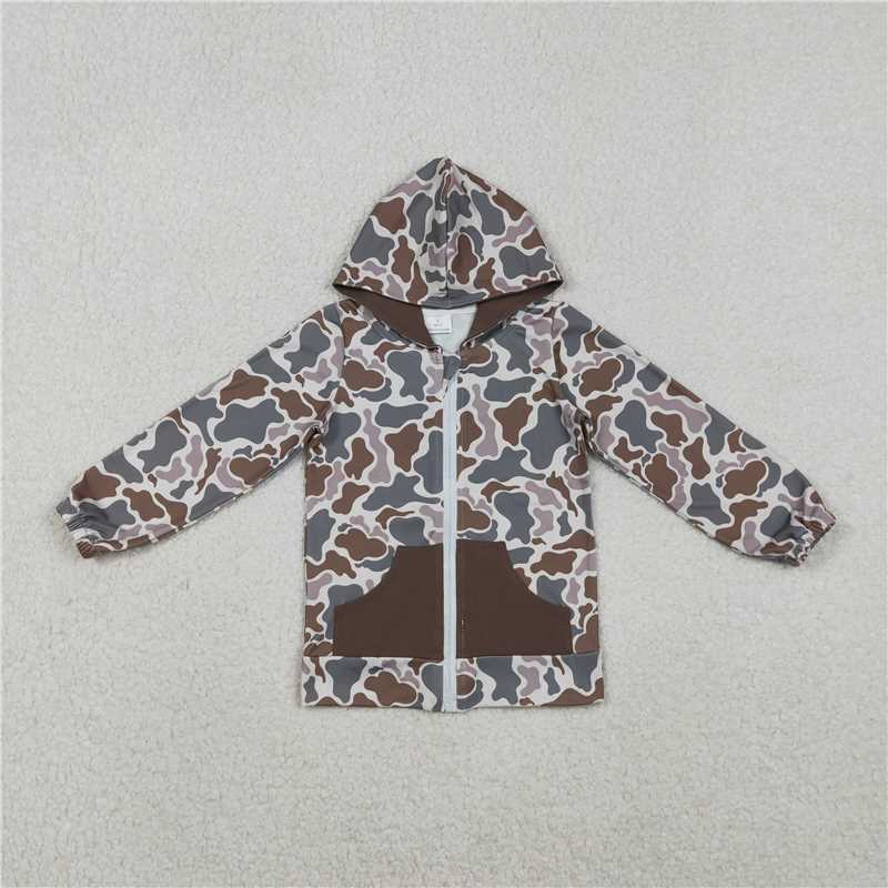 X11.11 BT1376 Camouflage Brown Pocket Hooded Zip-Up Long-Sleeve Top