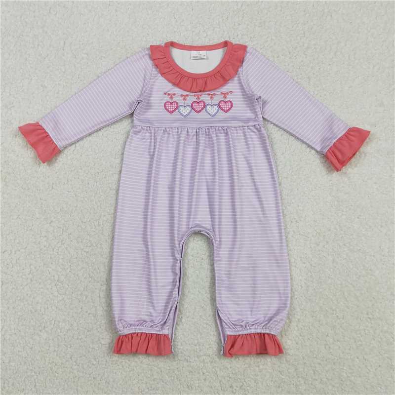 X12.5 LR2706 Embroidered Valentine's Day Heart-Patterned Purple Striped Long-Sleeved Jumpsuit