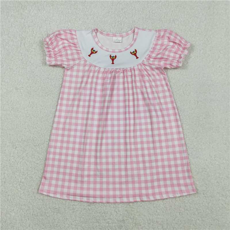 X12.2 GSD2853 Embroidered Carnival Crayfish Pink and White Checkered Short-Sleeve Dress