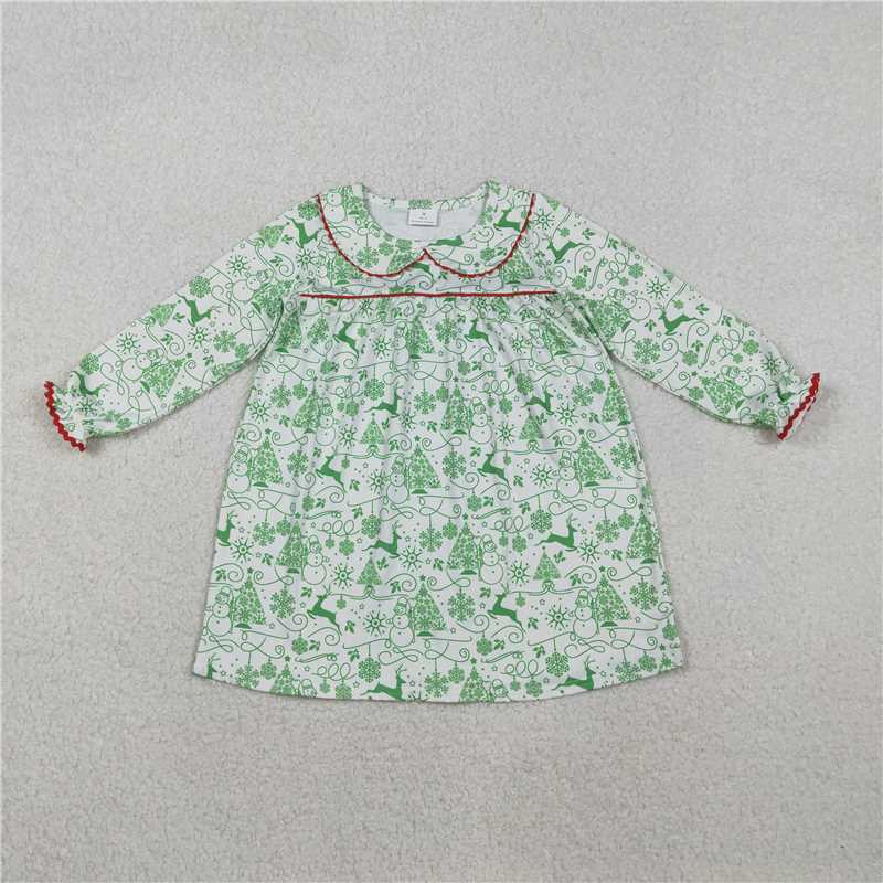 X11.5 GLD1345 Christmas Tree Snowman Green and White Peter Pan Collar Long-Sleeved Dress