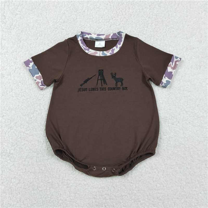 X11.10 SR3280 jesus loves this country boy embroidered letter shotgun elk camouflage brown short-sleeved jumpsuit