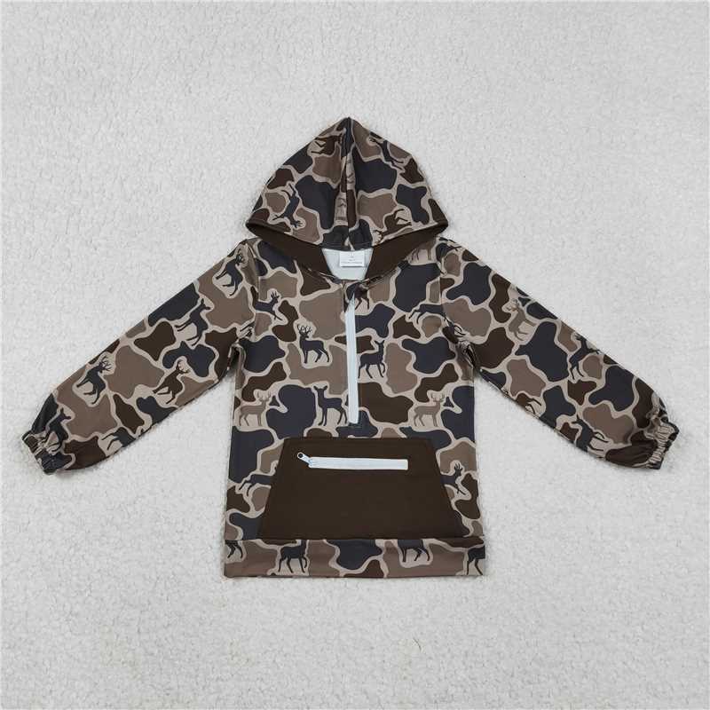 X11.11 BT1348 Reindeer Camouflage Dark Brown Zipper Pocket Hooded Long-Sleeve Top