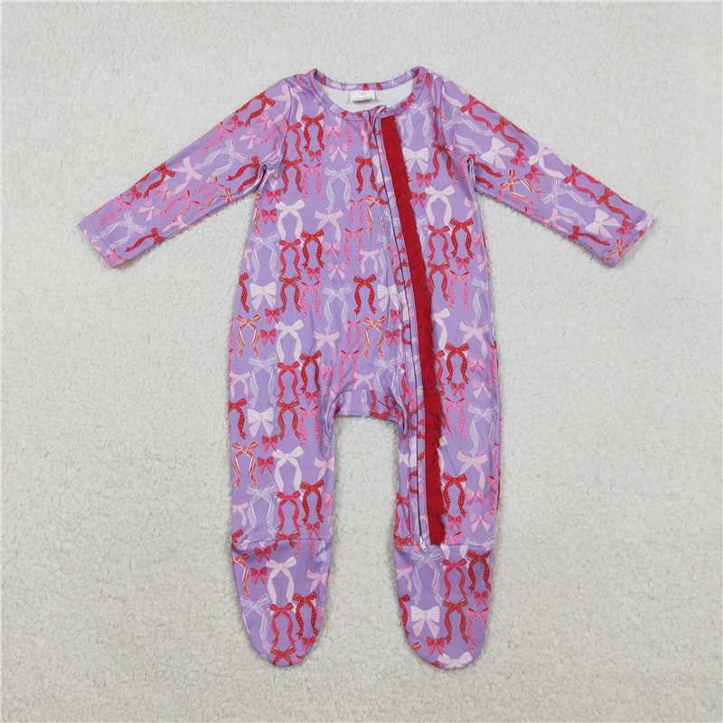 X11.6 LR2610 Purple long-sleeved bodysuit with bow pattern and zipper
