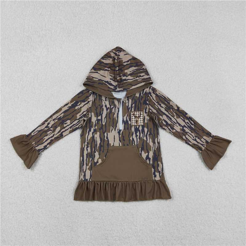 X12.3 GT1135 Embroidered Reindeer Camouflage Army Green Pocket Lace Zipper Hooded Long-Sleeved Top)
