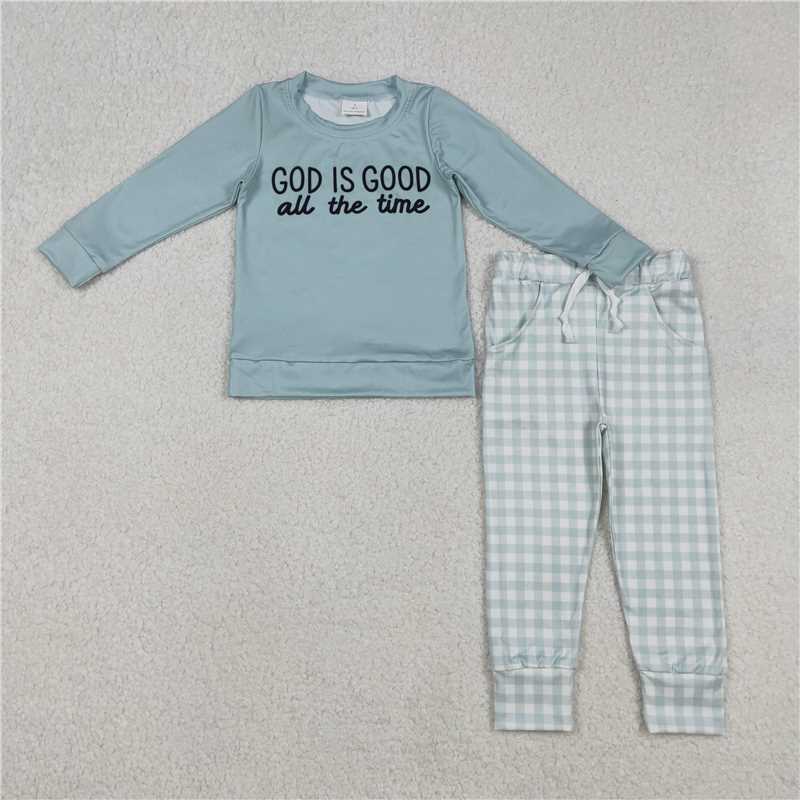 X12.10 BLP1345 God is good all the time Teal green long-sleeved plaid trousers suit