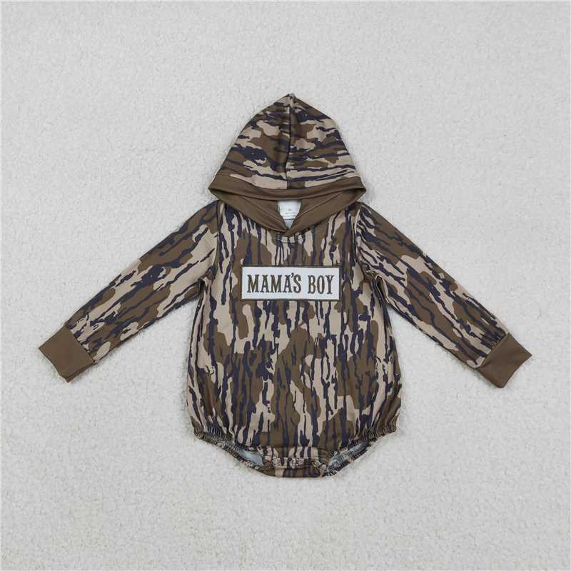 x12.12 LR2793 Embroidered Mama's Boy Military Green Camouflage Hooded Long-Sleeved Jumpsuit