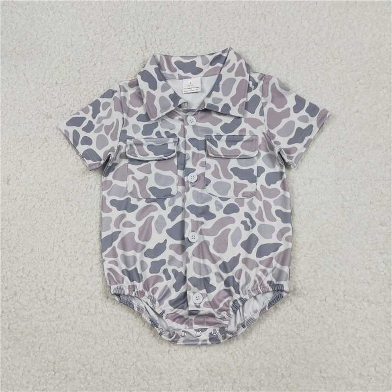 X1.2 SR3654 Gray-blue camouflage pocket button collar short-sleeved jumpsuit