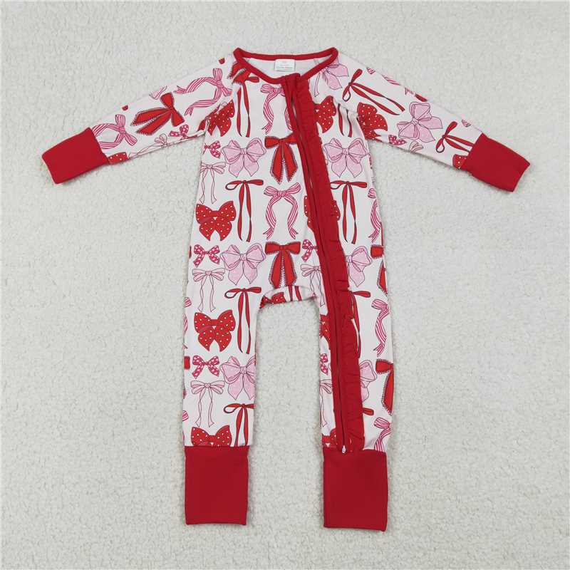 LR2780 Pink Bow Pattern Lace Zipper Long-Sleeved Jumpsuit