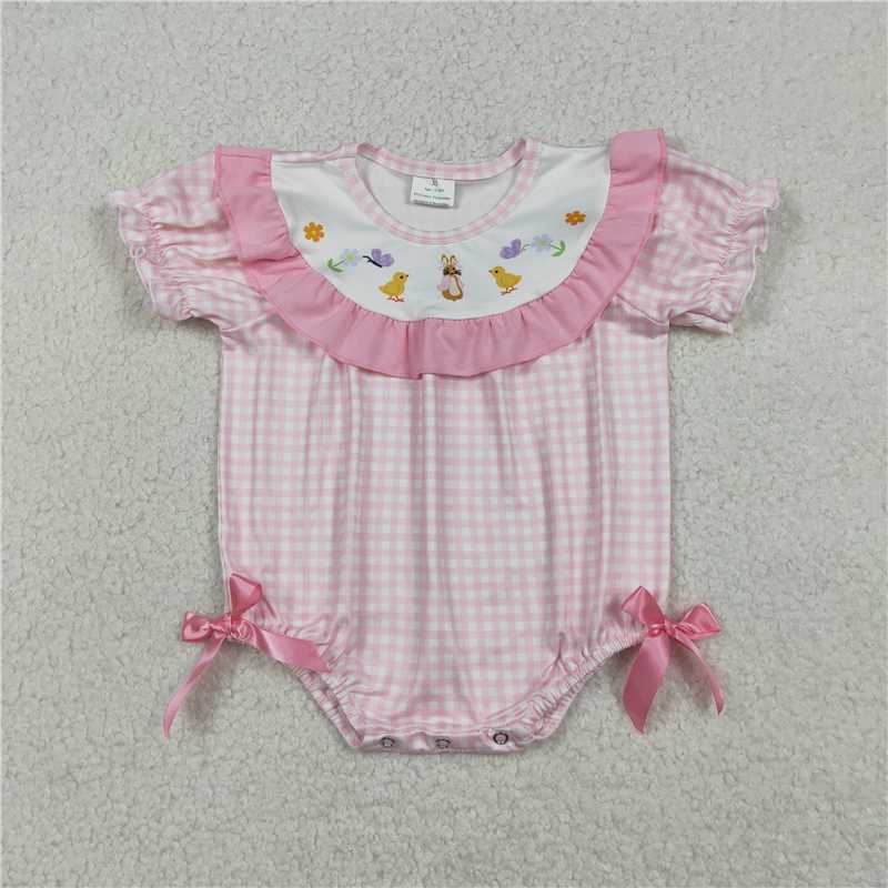 X12.26 SR3565 Easter Butterfly, Chick, and Bunny Pink Plaid Short-Sleeve Jumpsuit