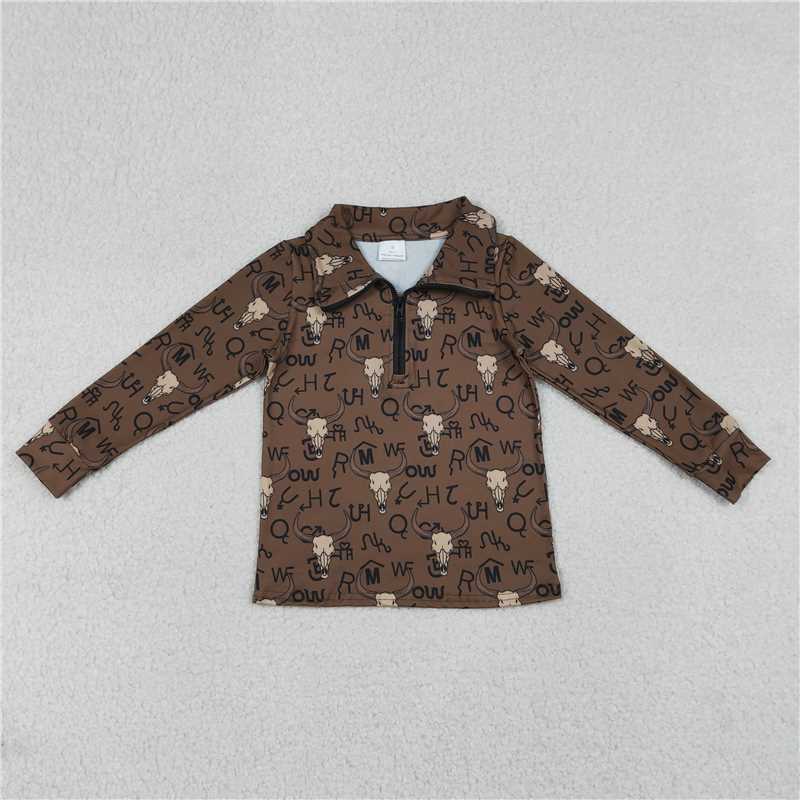 X12.31 BT1597 Brown Zipper Long-Sleeve Top with Mountain Bull Head Character Design