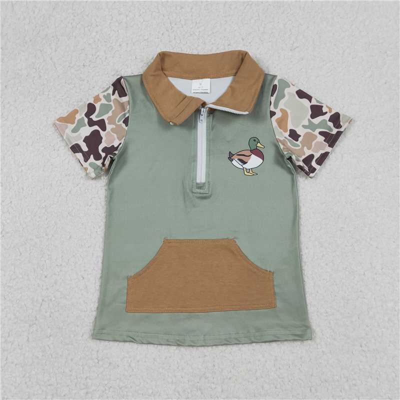 X12.31 BT1530 Pocket Duck Camouflage Brown-Green Zipper Short-Sleeve Top