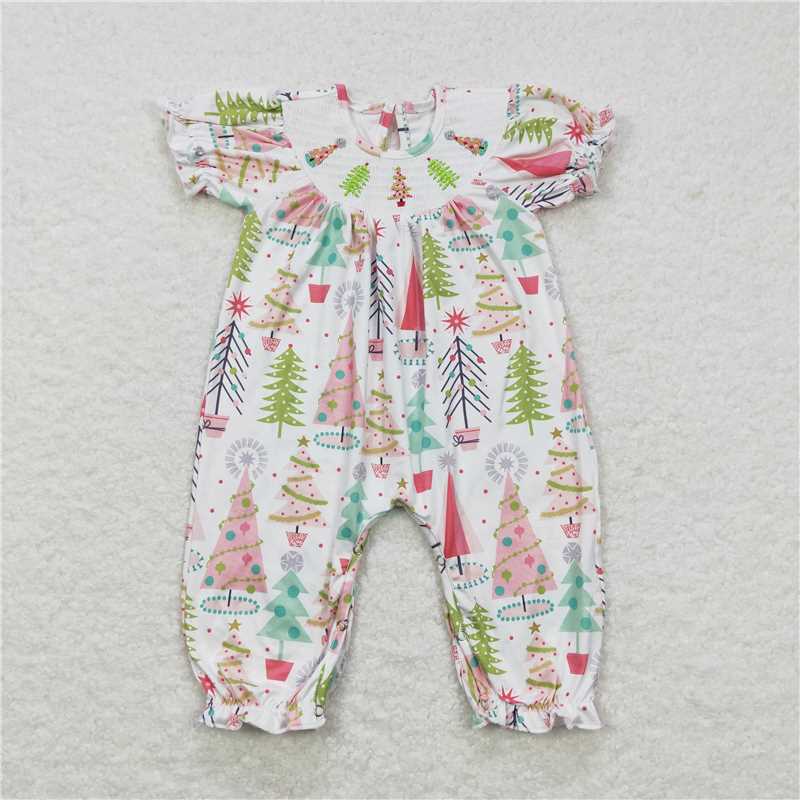 4.23SR0419 Smocked embroidered Christmas tree white short-sleeved jumpsuit