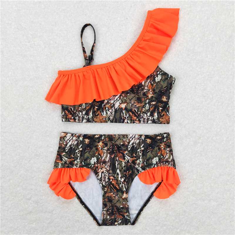 S0197 Jungle camouflage orange lace swimsuit set