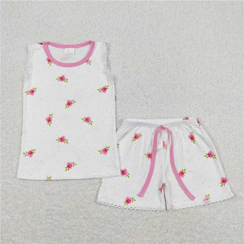 GSSO0694 Floral polka dot white sleeveless shorts suit