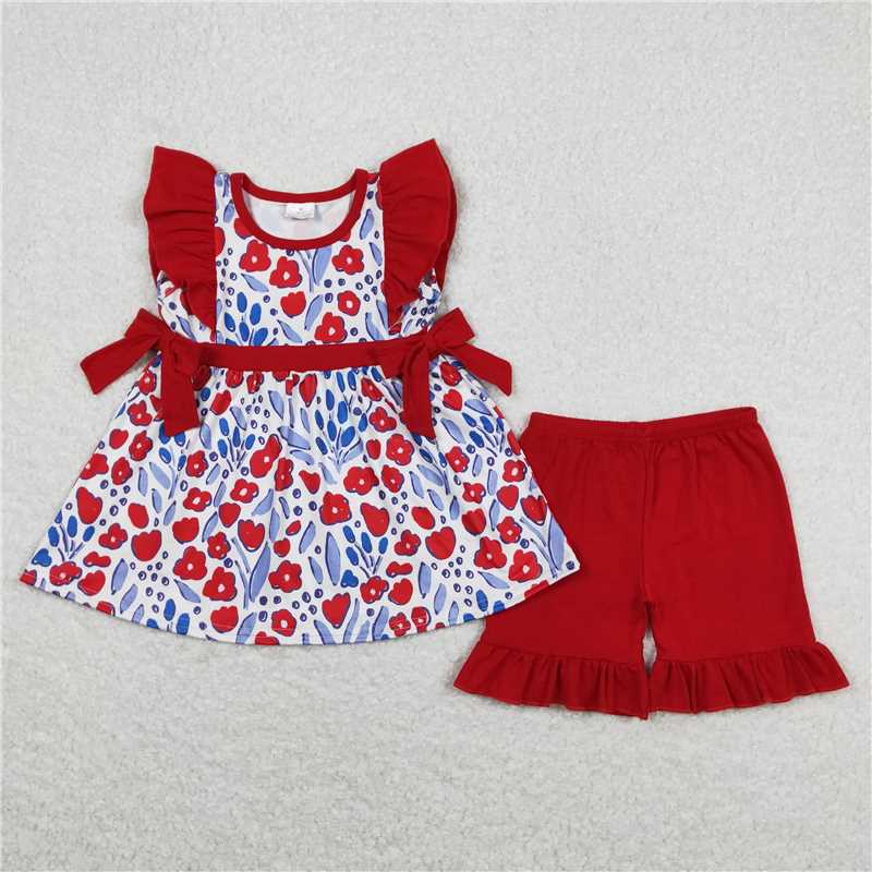 4.24GSSO0609 Flower red lace bow flying sleeve shorts suit