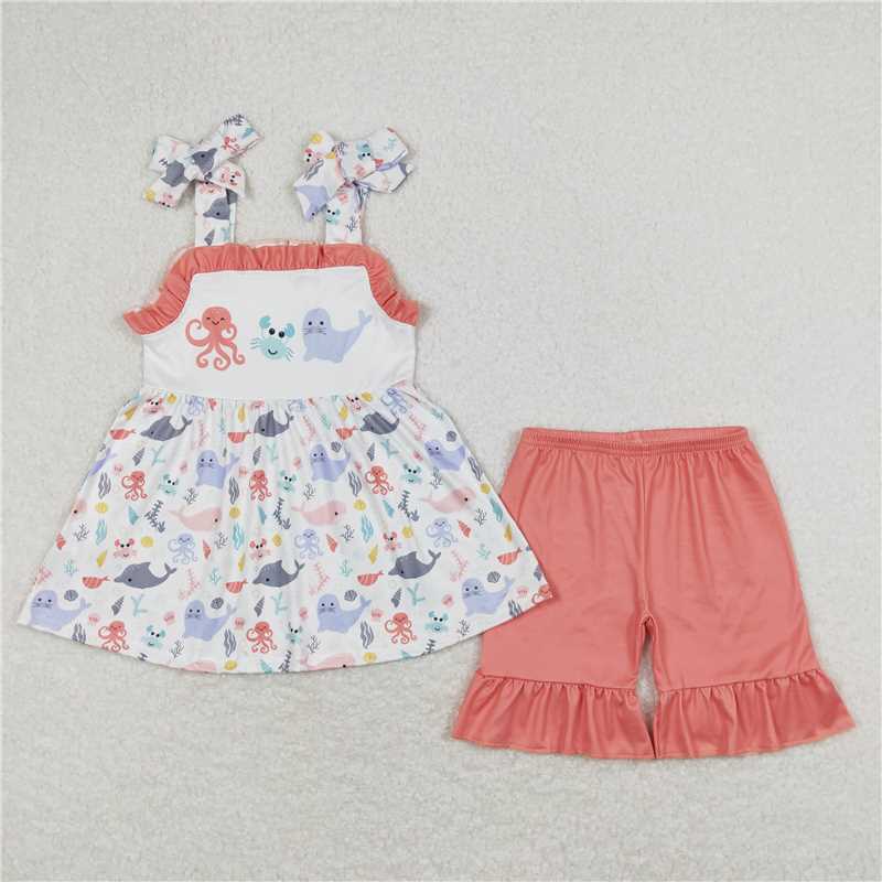 GSSO0729 Octopus crab seal brick red lace white suspender shorts suit
