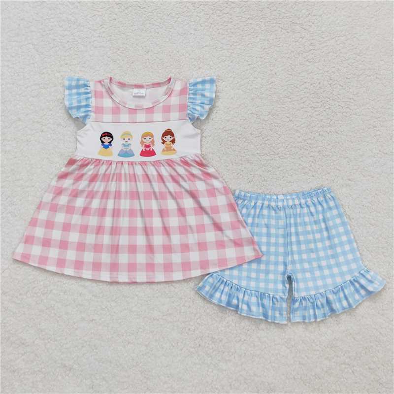 GSSO0692 Disney Princess Pink Blue Plaid Fly Sleeve Shorts Set