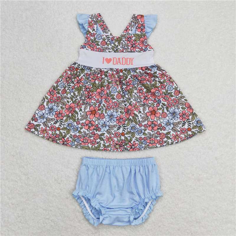 GBO0294 I love daddy embroidered flower flying sleeve blue briefs suit