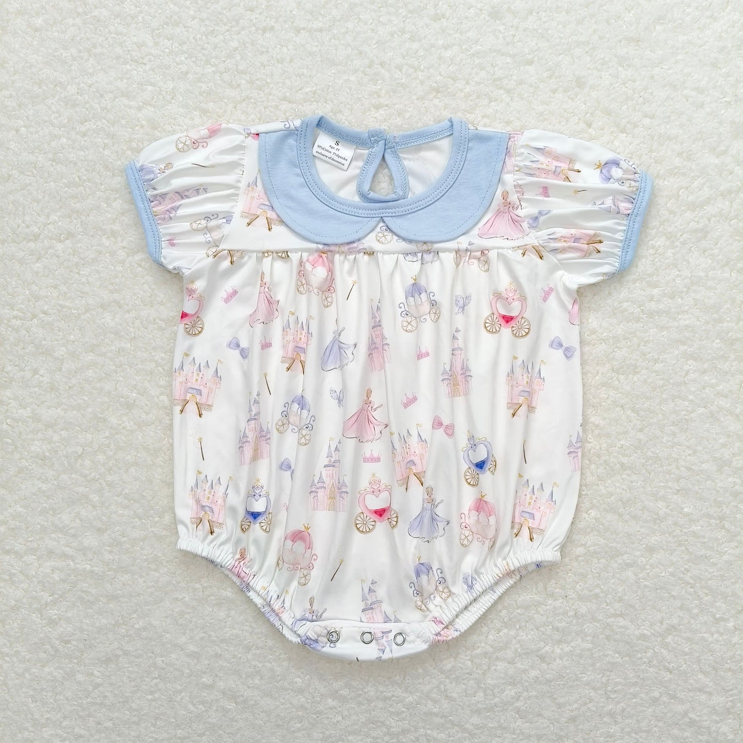 SR1477 Disney Princess Castle Blue Doll Collar White Short Sleeve Jumpsuit