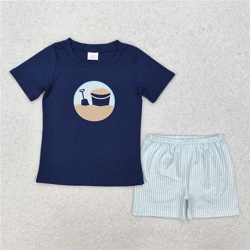 BSSO1193 Embroidered beach bucket and shovel navy blue short-sleeved striped shorts set