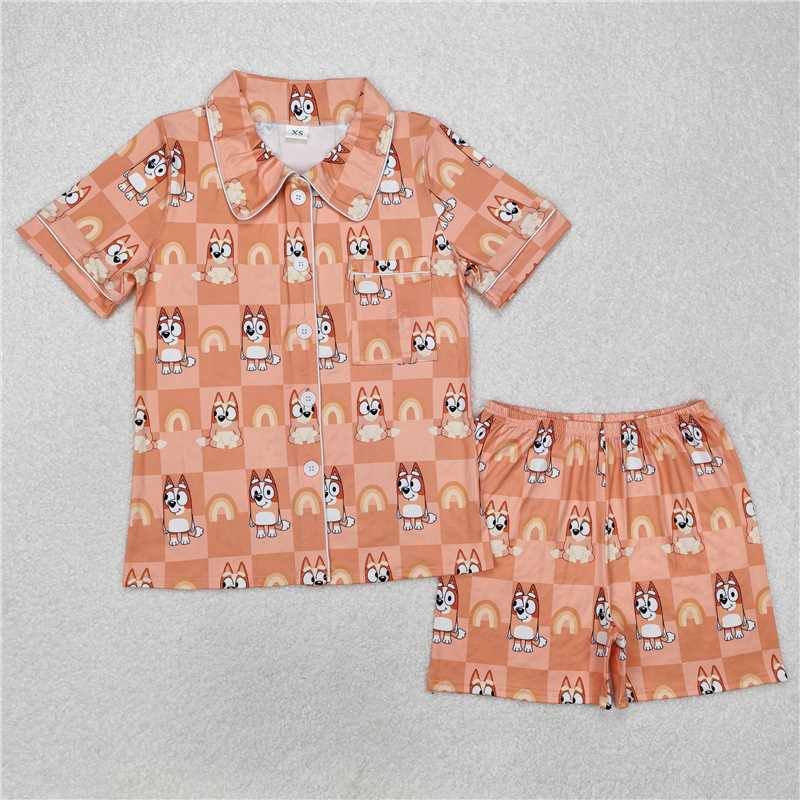 4.9 GSSO1804 Adult female bluey rainbow orange plaid short-sleeved shorts pajamas set