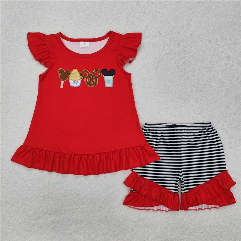 GSSO1616 Mickey Ice Cream Red Flying Sleeve Striped Shorts Set